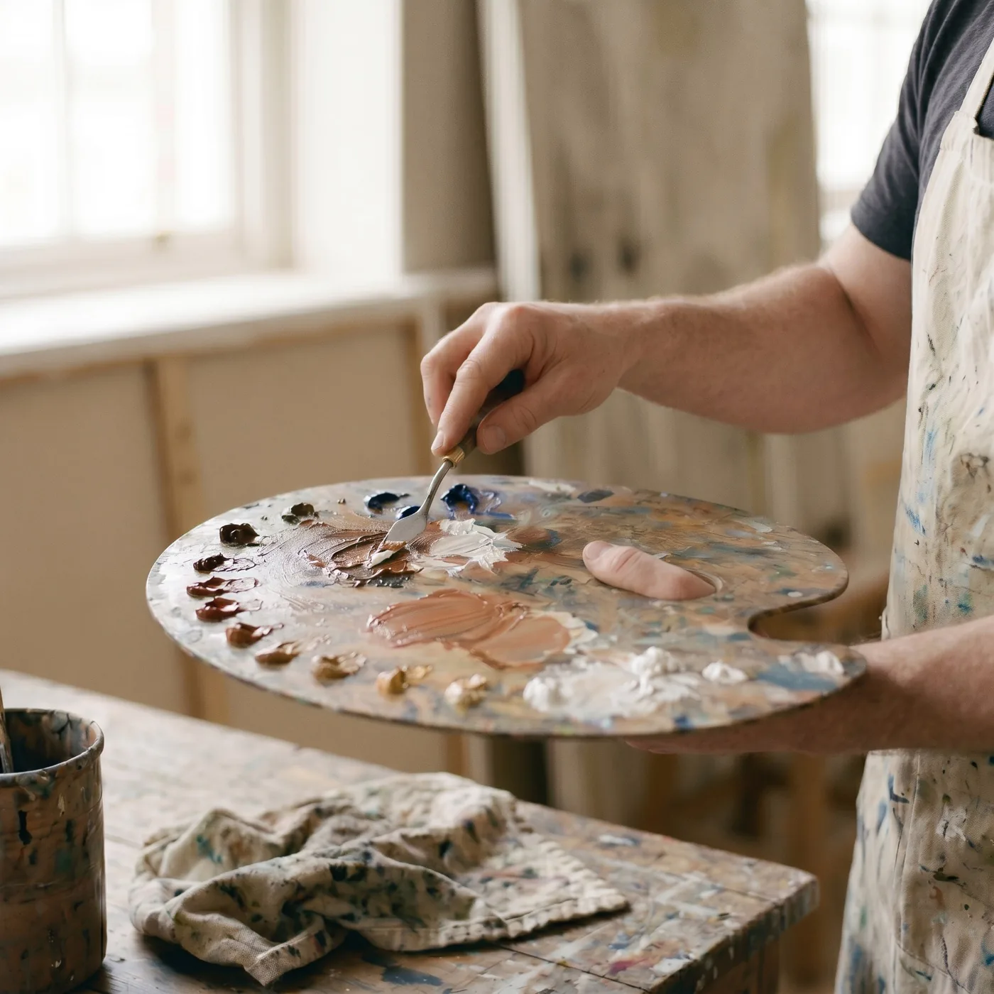 Hugo mixing oil paint on a well-used palette in the studio