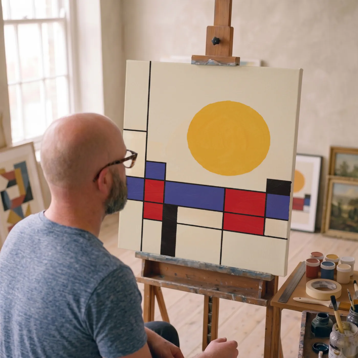 Hugo North at his studio easel, painting the first Bauhaus Mornings piece, a flat geometric sun above a grid of rooftops in red, blue and black