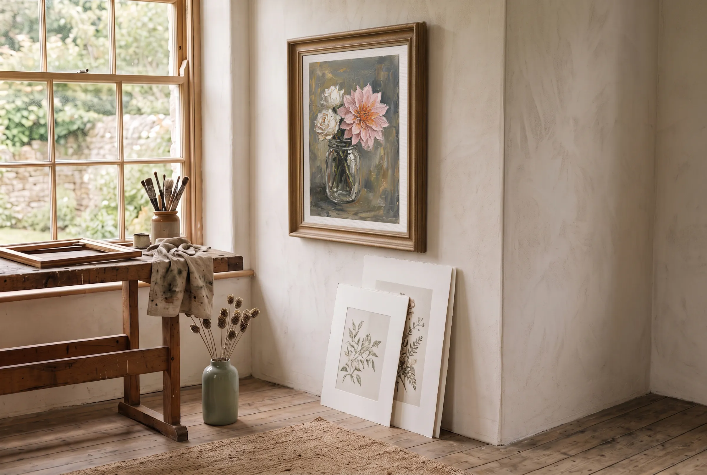 A framed floral oil painting and giclée prints leaning against a plaster wall in a sunlit Yorkshire artist's studio