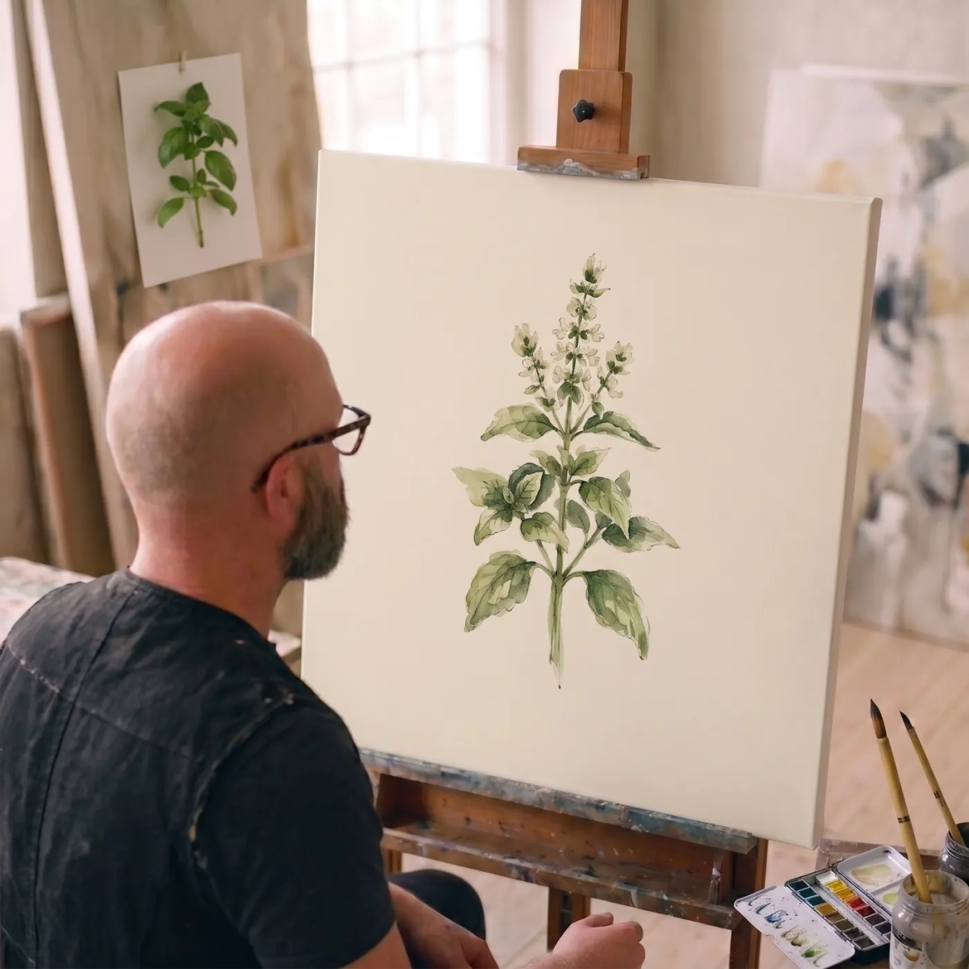 Hugo North at his studio easel, painting the first Kitchen Garden piece, a watercolour botanical study of basil, a real sprig pinned up beside it for reference