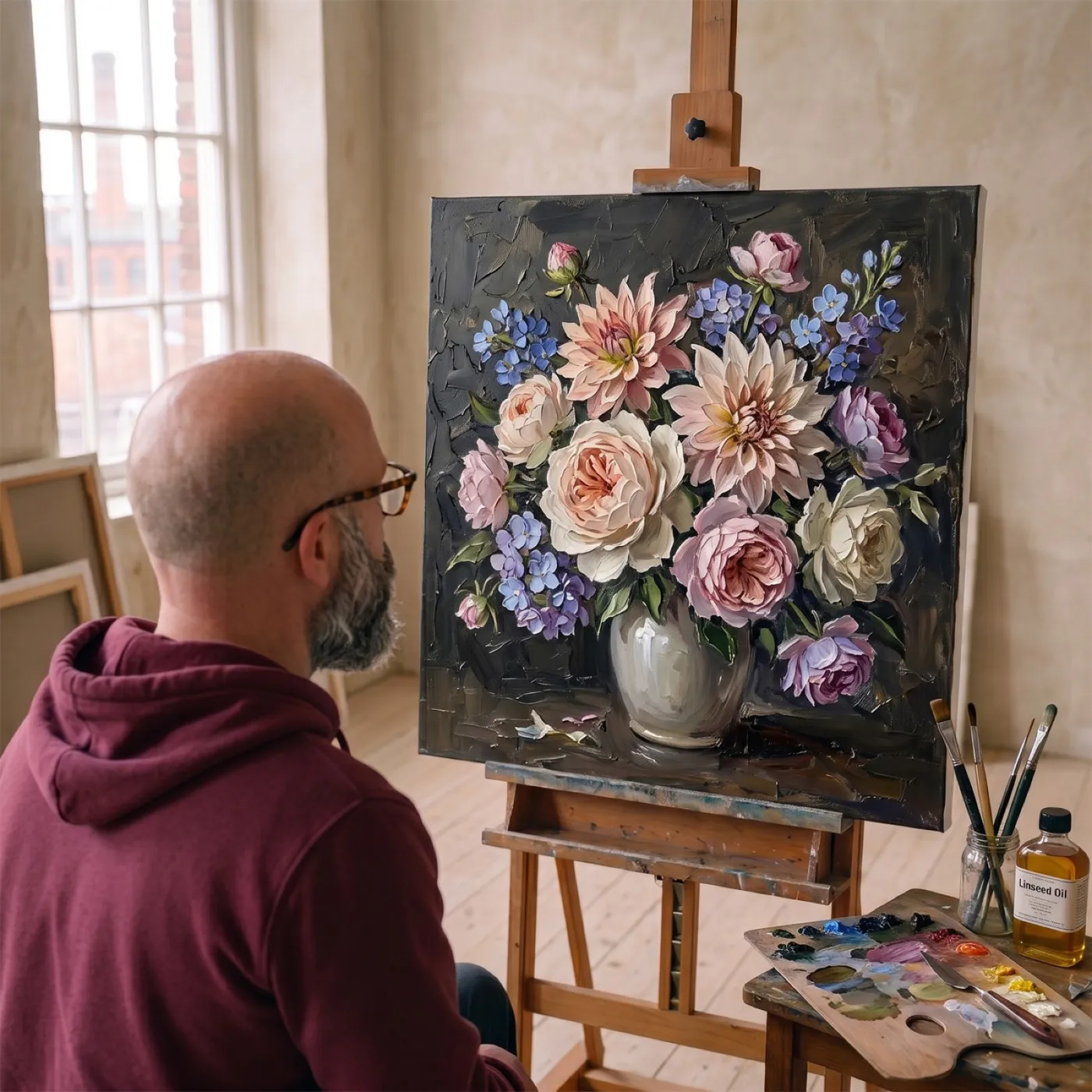 Hugo North at his studio easel, painting the first Still Life piece, a thick, impasto bouquet of dahlias, roses and peonies in a pale ceramic vase