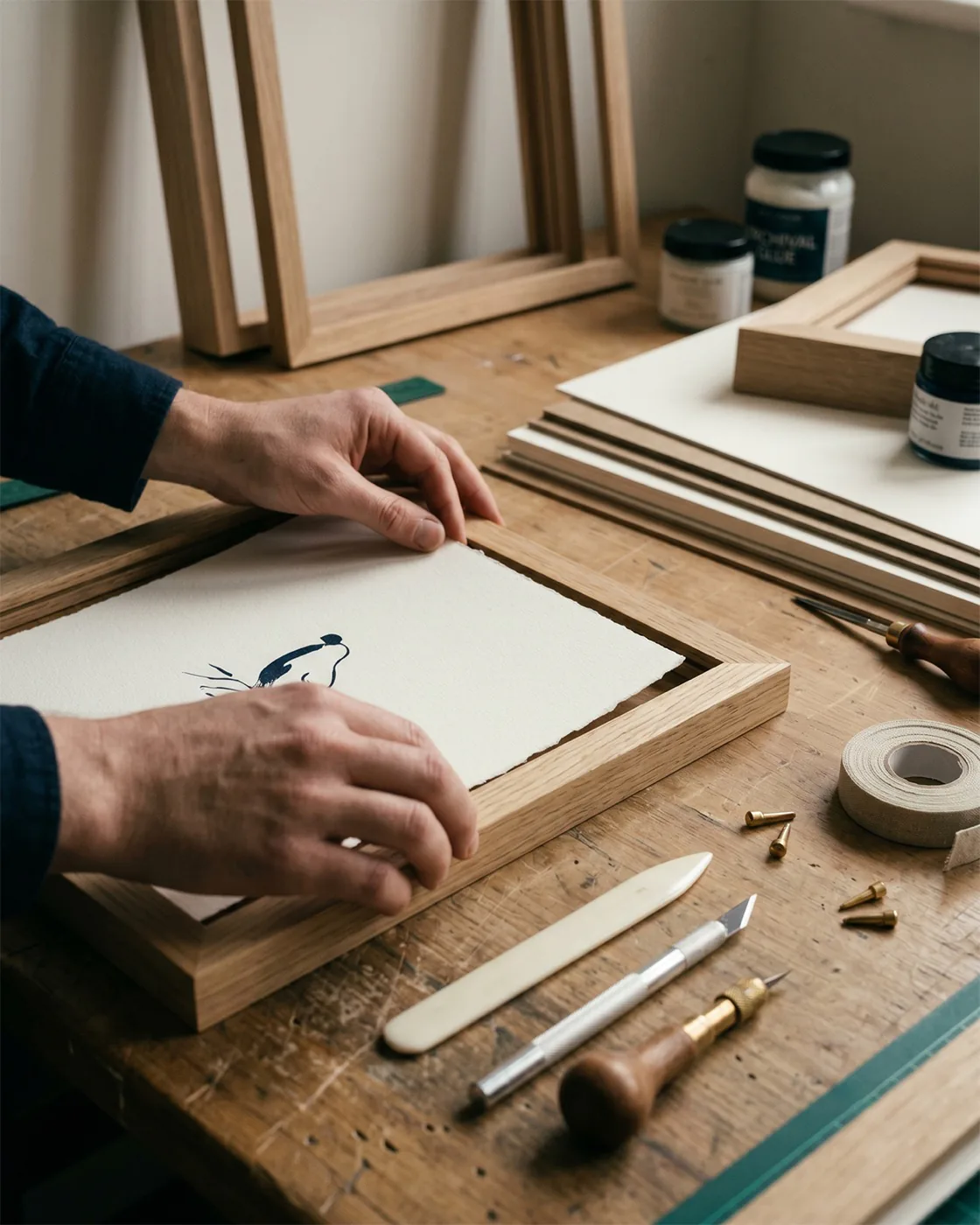 A print being framed by hand at the Hugo North studio workbench