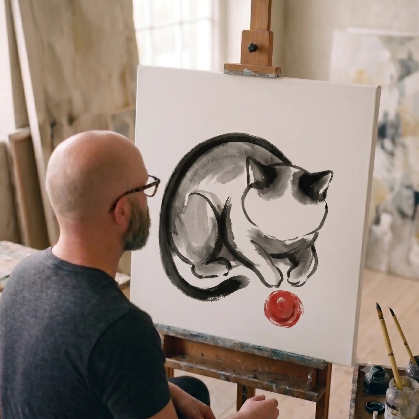 Hugo North in his studio, seated at the easel in front of the first concept piece, an ink-brush cat curled around a red ball
