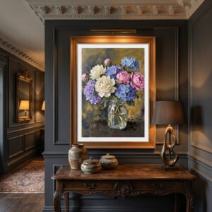 Peonies & Hydrangeas floral oil framed in a room